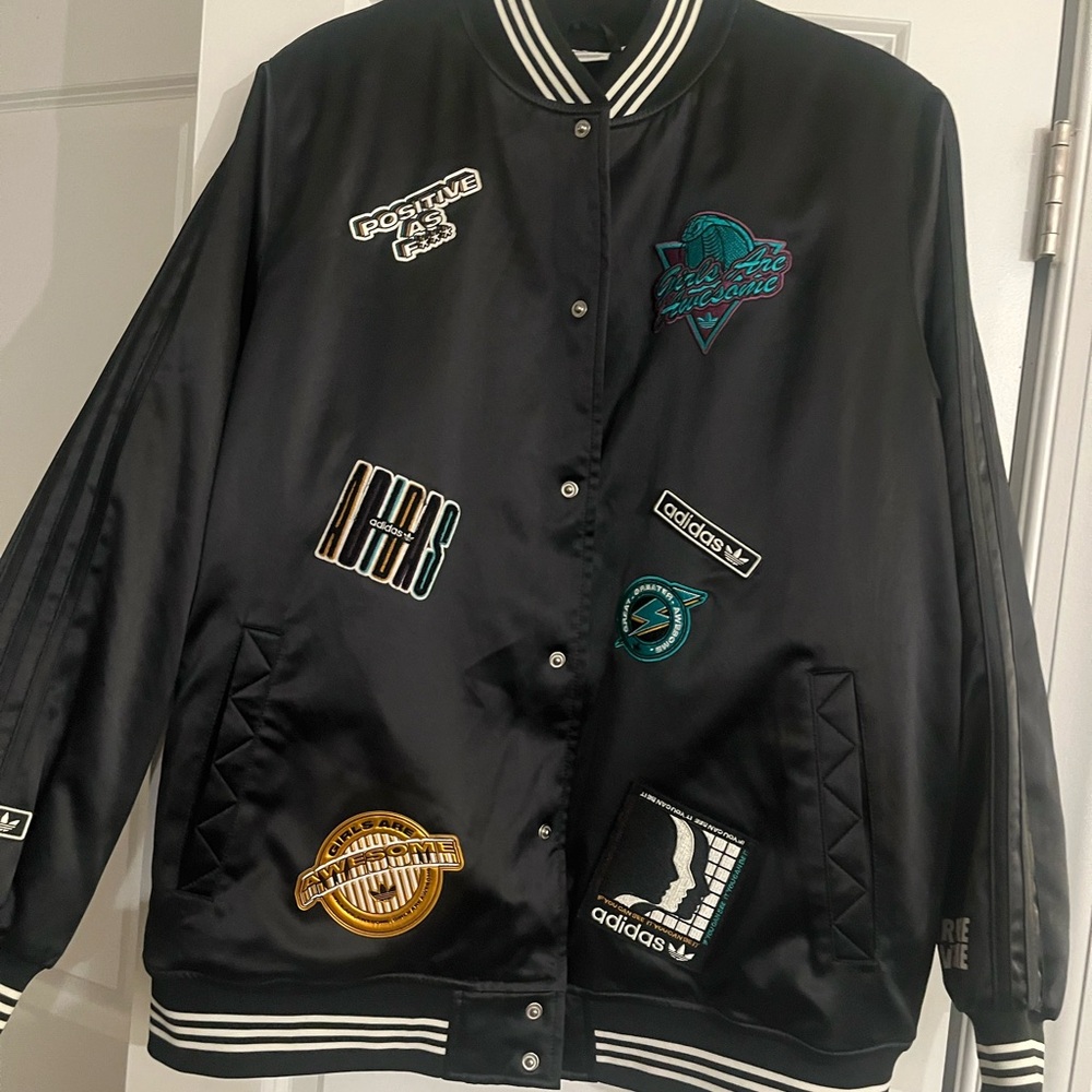 Adidas Black Satin Jacket with Colorful “Girl Power”Patches. Large NWOT